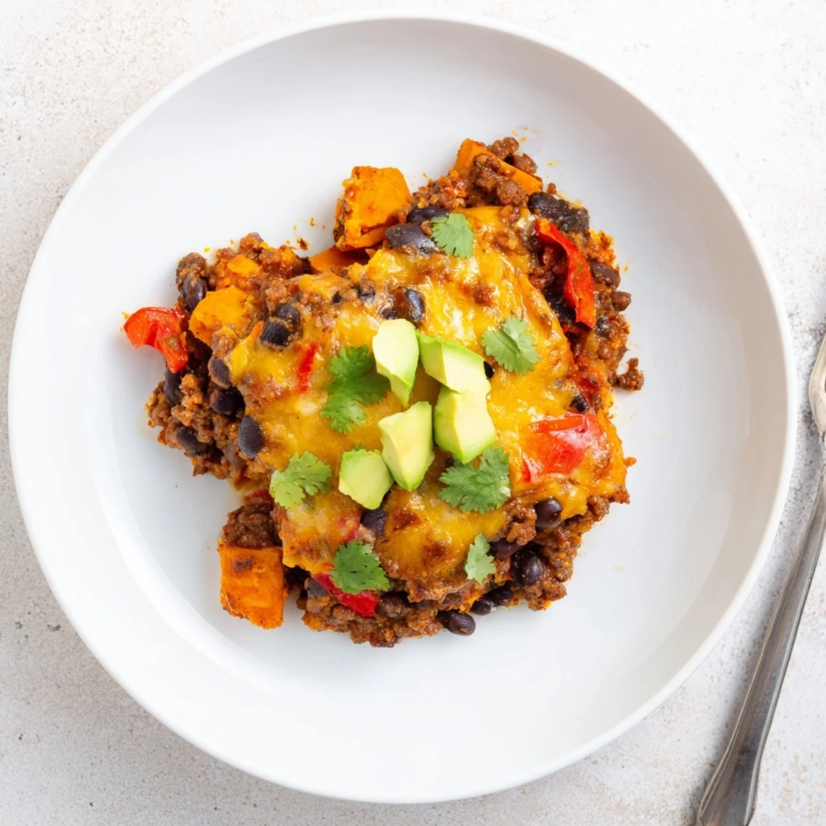Golden sweet potato turkey black bean bake bubbling with melted cheese in a rustic casserole dish