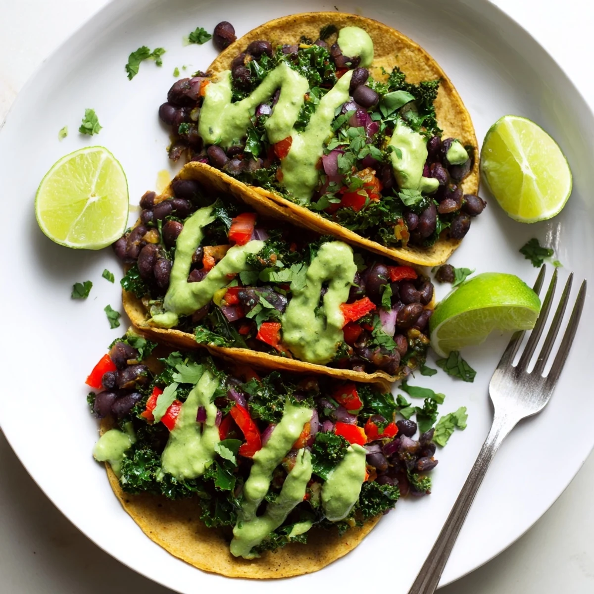 Smoky black bean kale tacos drizzled with vibrant green sauce on warm tortillas