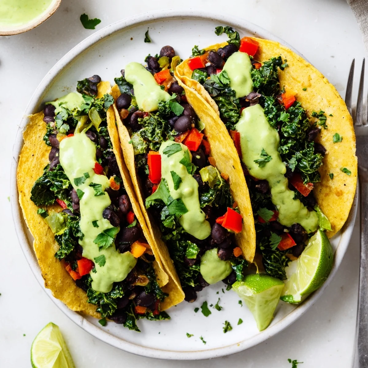 Crispy corn tortillas loaded with smoky black bean kale filling and creamy herb sauce