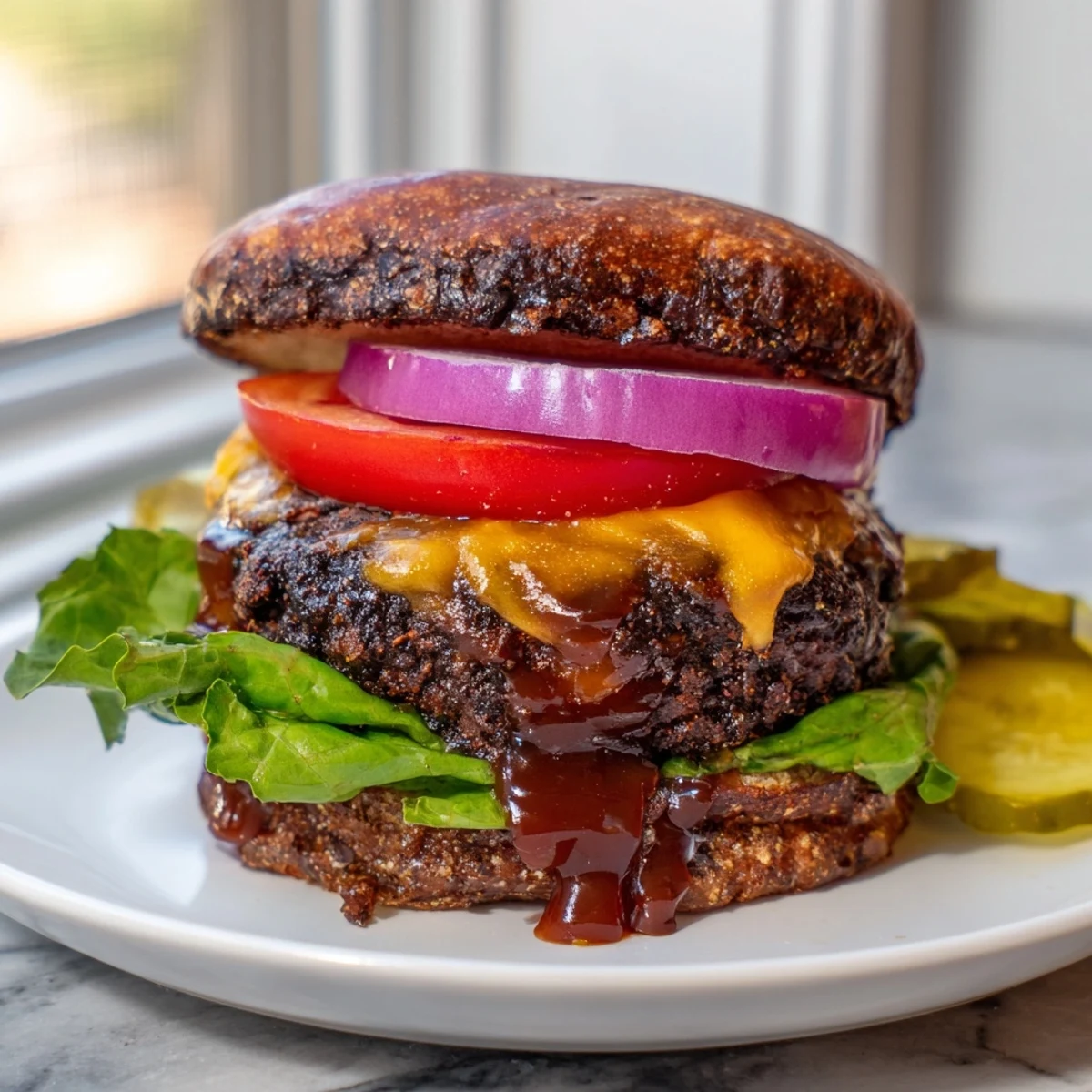Juicy coffee rub burgers with smoky BBQ sauce fresh off the grill