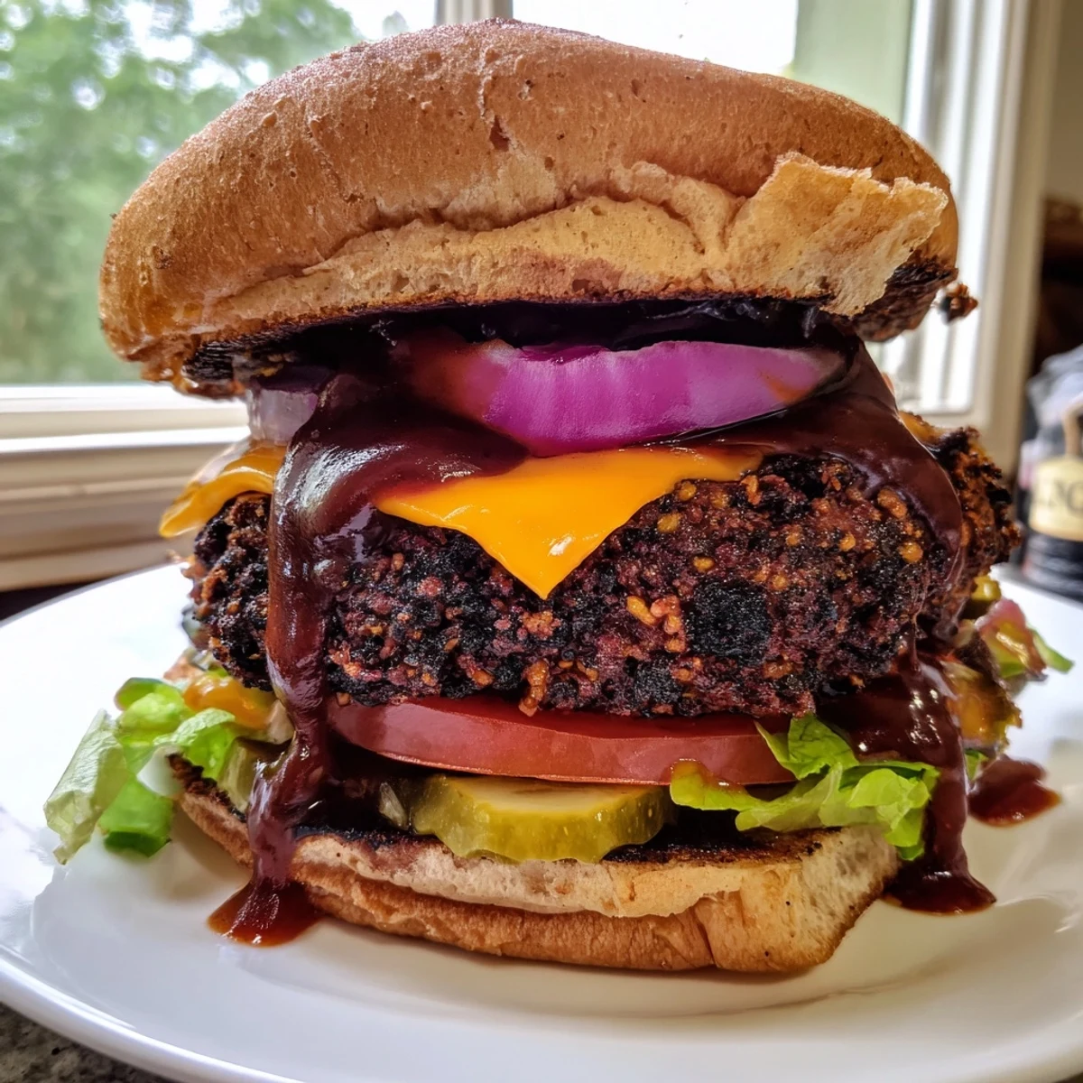 Coffee rub burgers topped with melted cheddar, crispy lettuce, and pickles