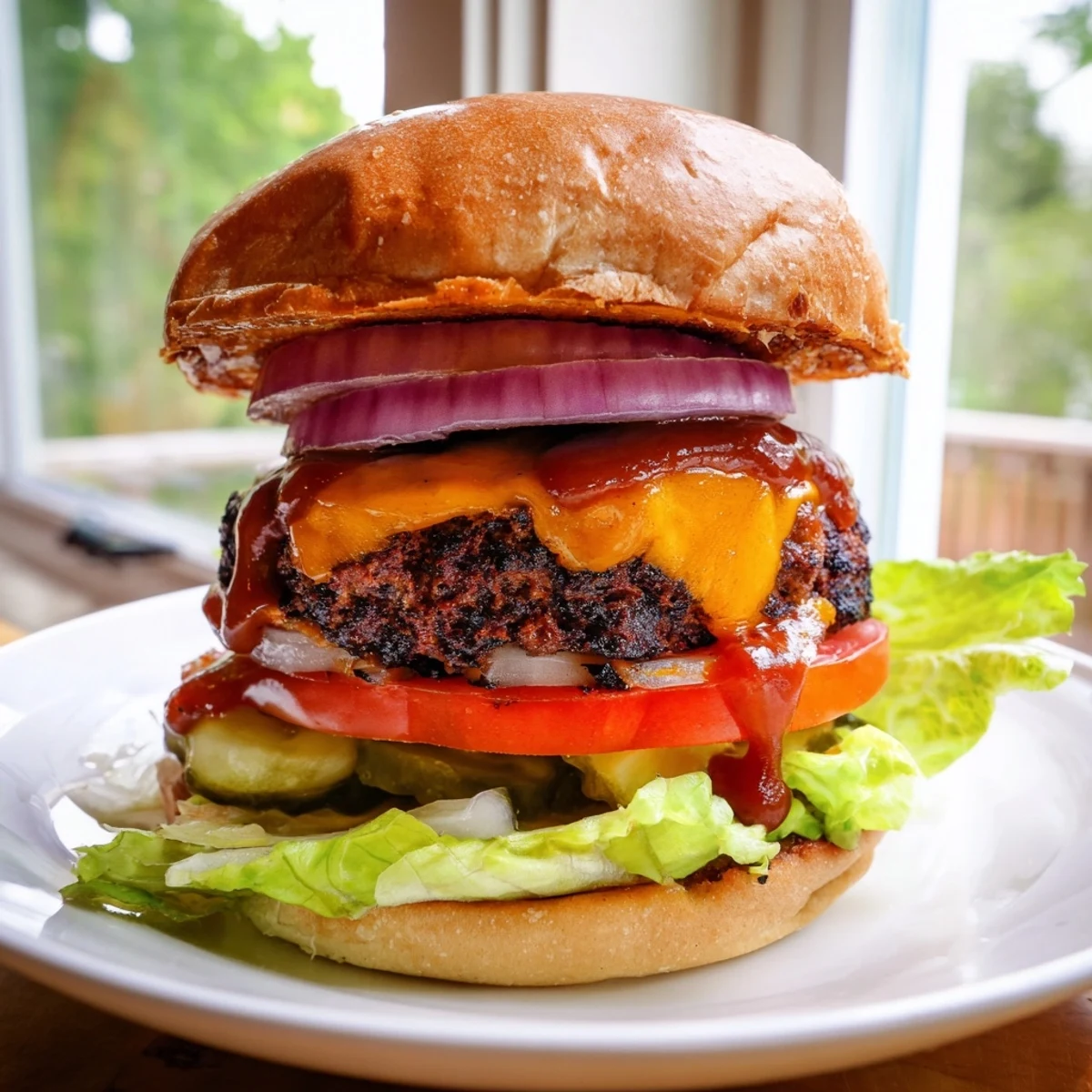 Charred coffee rub burgers drizzled with rich smoky BBQ sauce on toasted buns