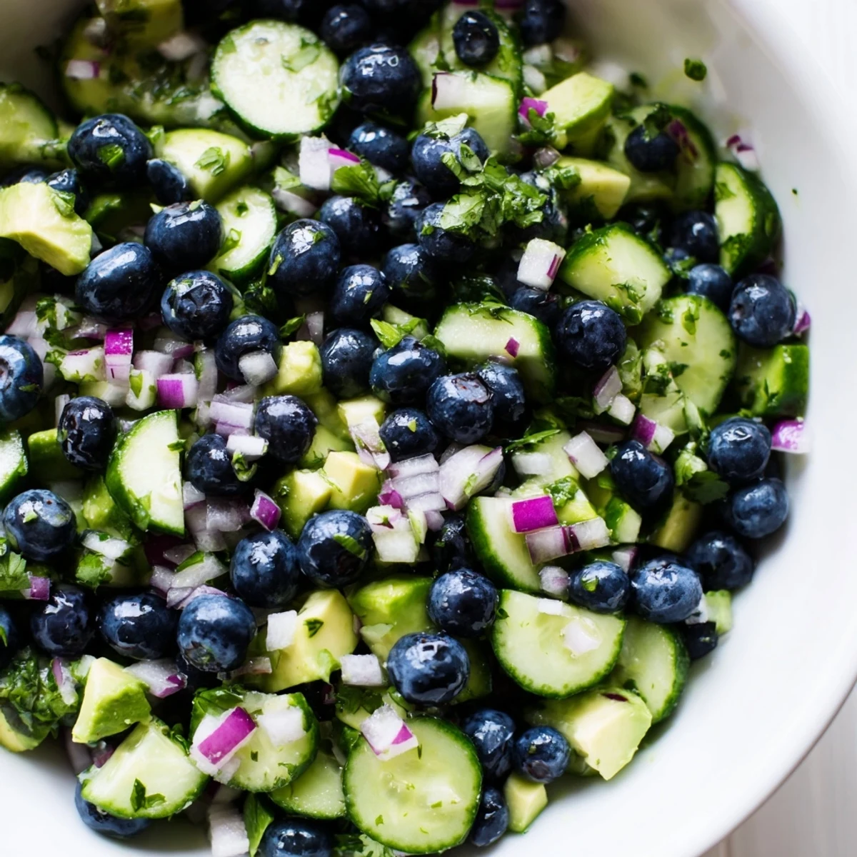 Fresh blueberry cucumber salsa served in a white dish with lime wedges and tortilla chips