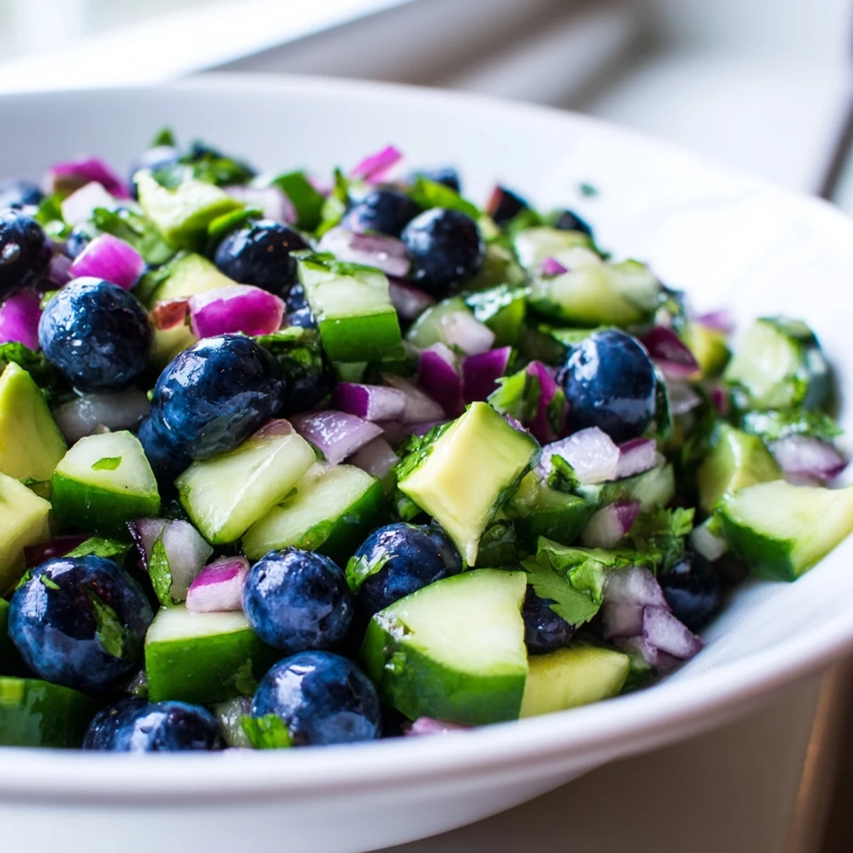 Vibrant blueberry cucumber salsa scooped onto a crisp chip, showcasing juicy berries and diced cucumber