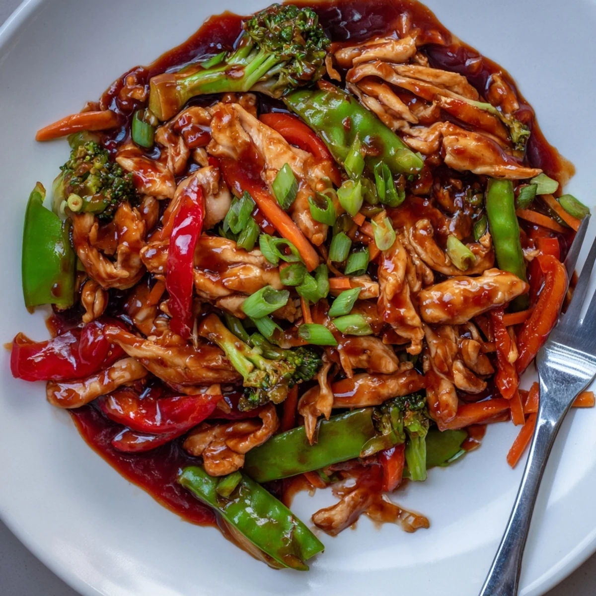 Hunan Chicken stir-fry glazed in garlicky chili sauce with crisp colorful bell peppers and broccoli