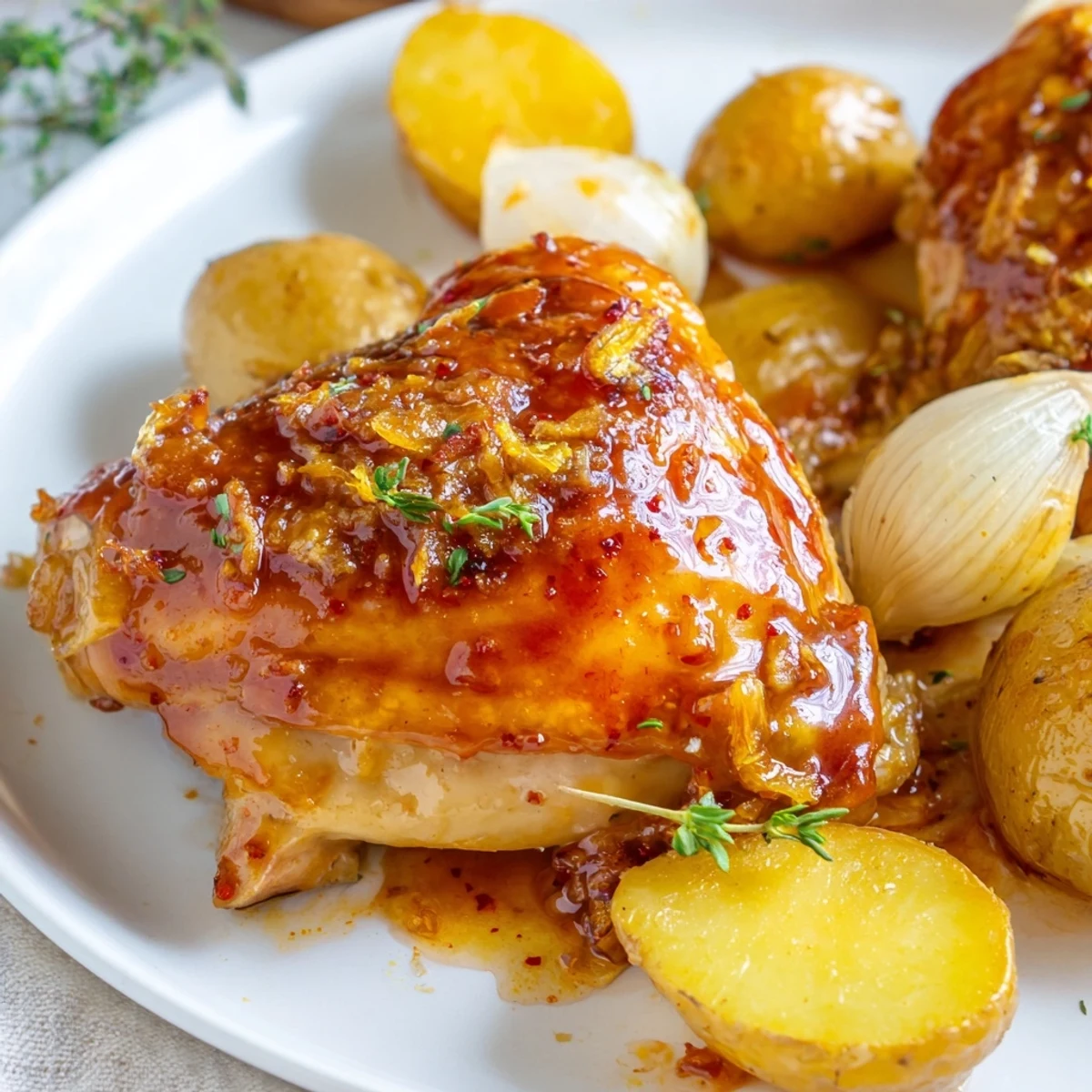 Crispy baked honey lemon chicken and potatoes glistening with golden pan juices on a sheet pan