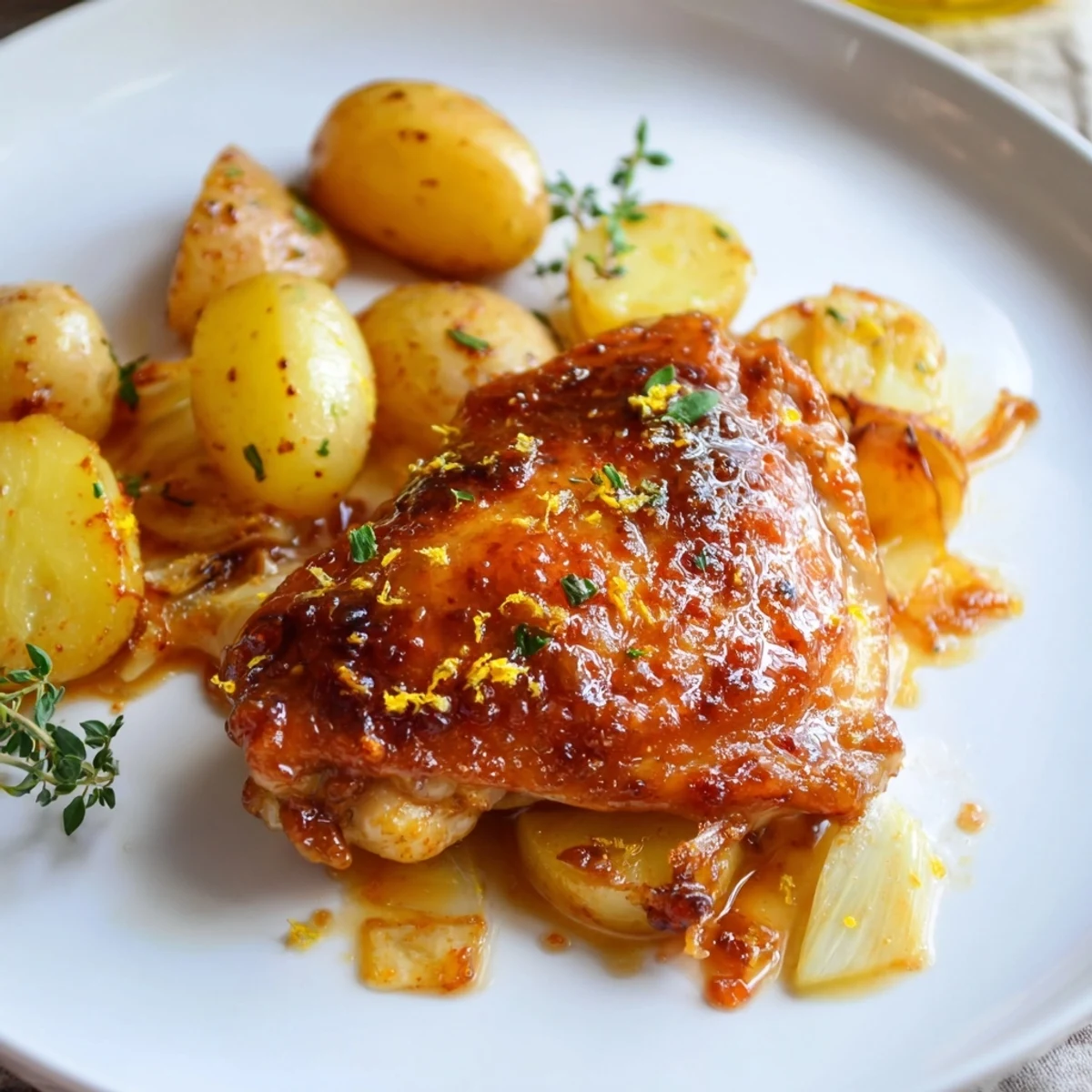 Juicy baked honey lemon chicken and potatoes surrounded by caramelized onion wedges and fresh thyme