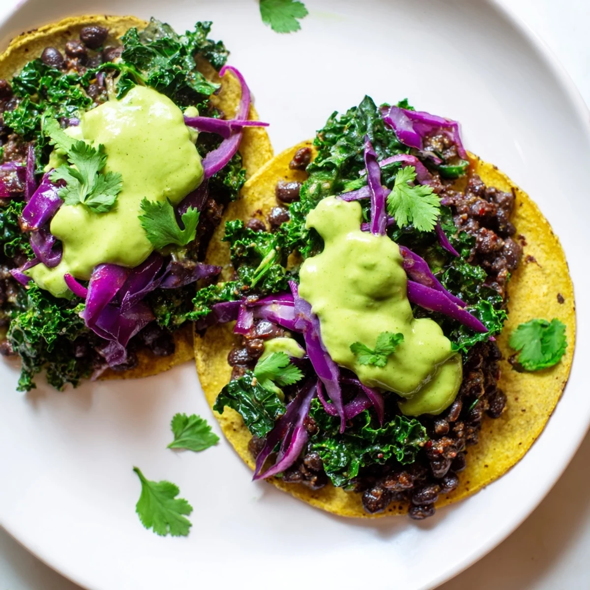 Warm Smoky Black Bean Kale Tacos drizzled with vibrant creamy green sauce on corn tortillas