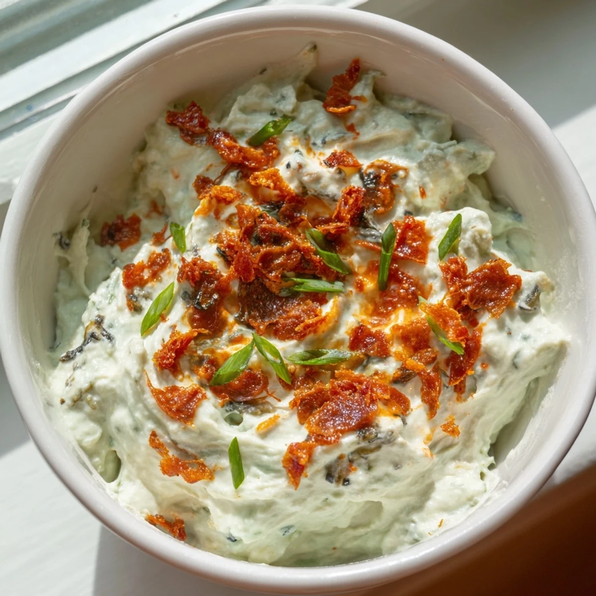 Vibrant charred scallion and chili crisp dip topped with green onion slices and red chili flakes