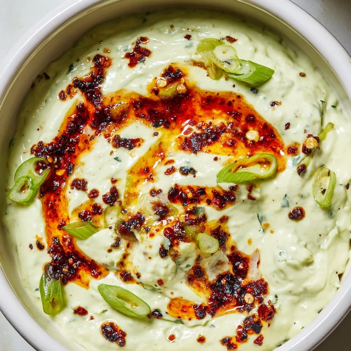 Smoky charred scallion and chili crisp dip served alongside crispy tortilla chips and fresh veggies