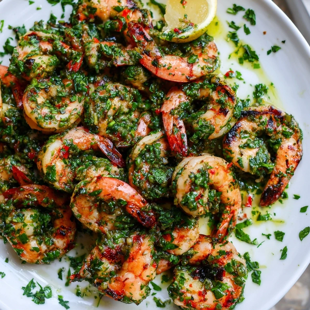 Succulent chimichurri shrimp plated over white rice drizzled with garlicky olive oil sauce