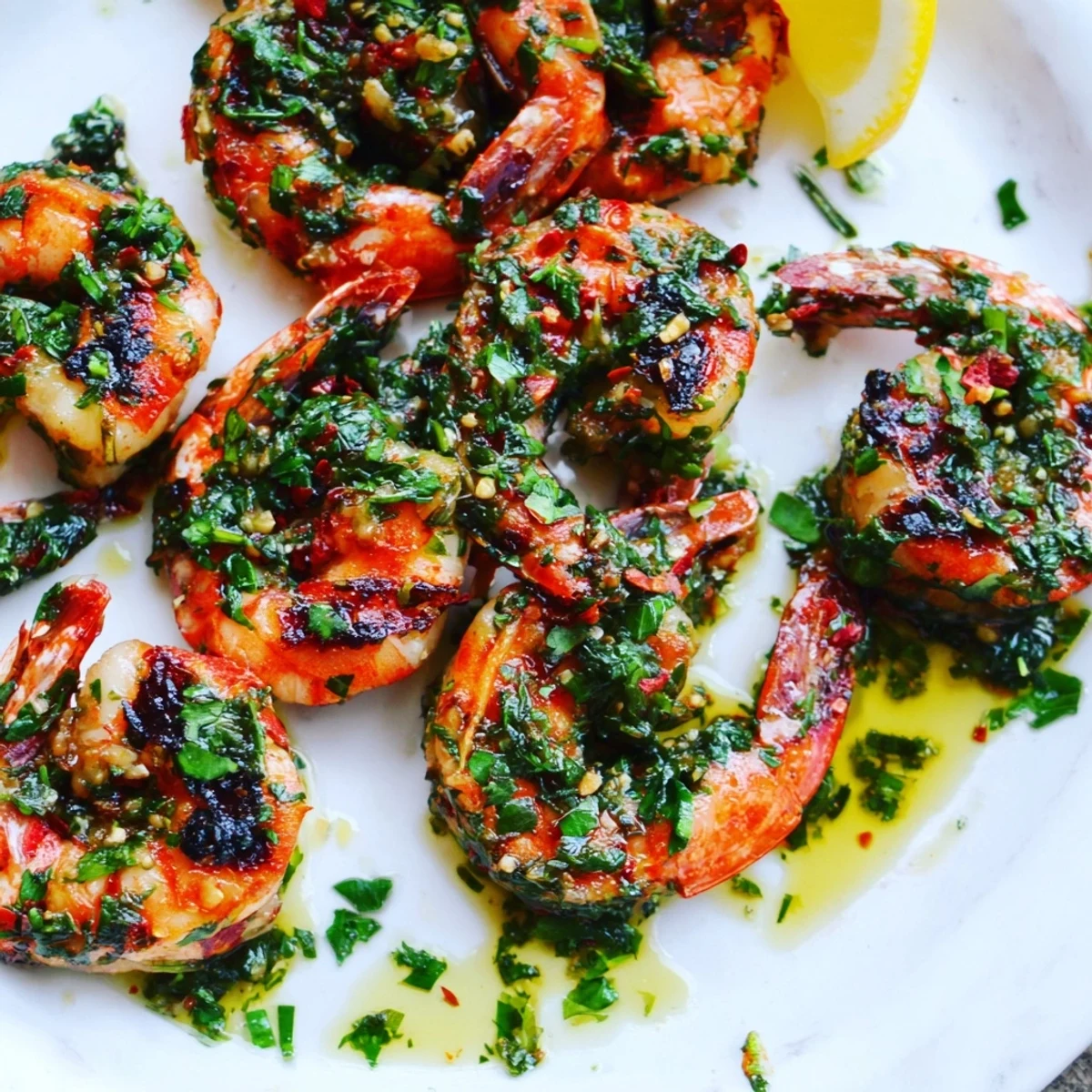 Golden grilled chimichurri shrimp topped with fresh parsley and bright lemon wedges