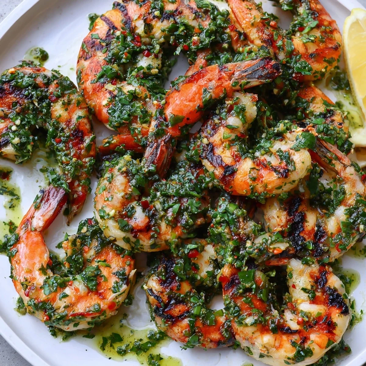Plump chimichurri shrimp sizzle in a cast iron pan with vibrant green herb sauce