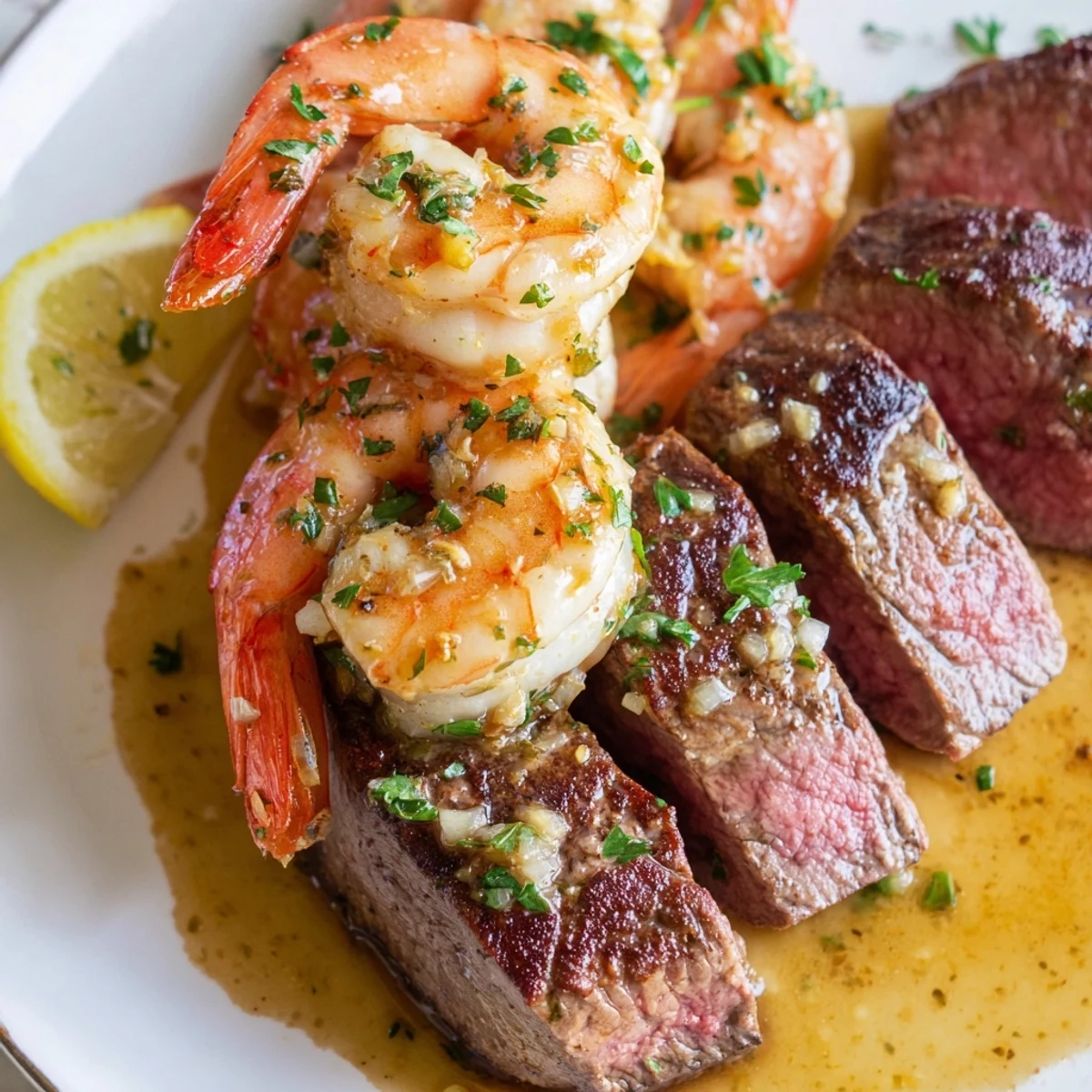 Juicy steak and garlic butter shrimp sizzling in a cast iron skillet