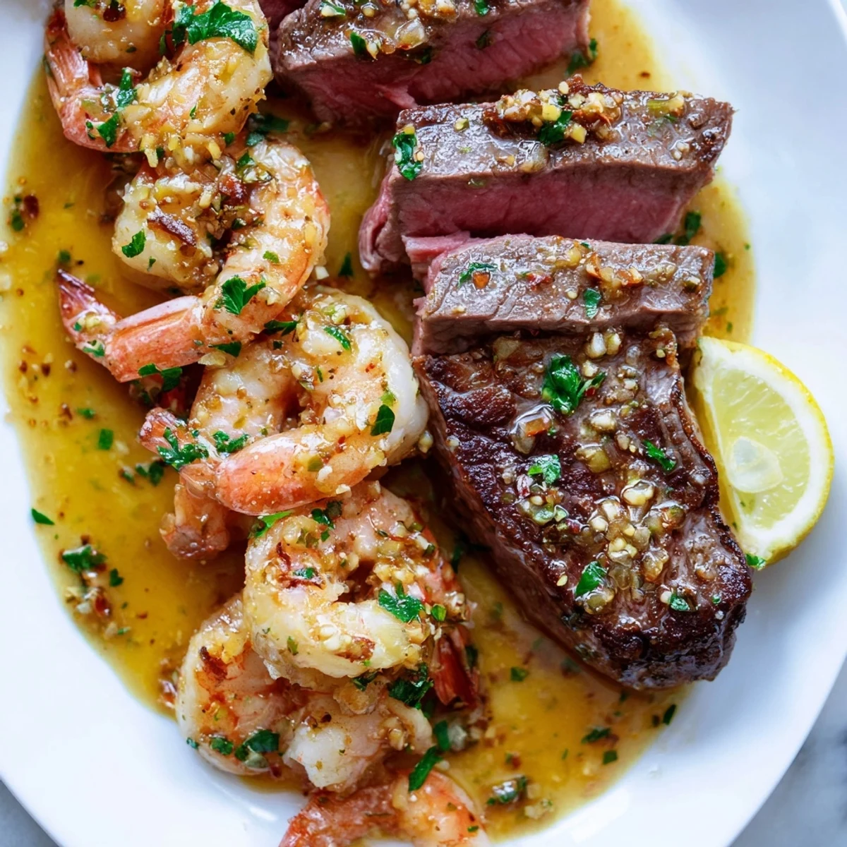 Golden garlic butter shrimp draped over a perfectly cooked ribeye steak dinner