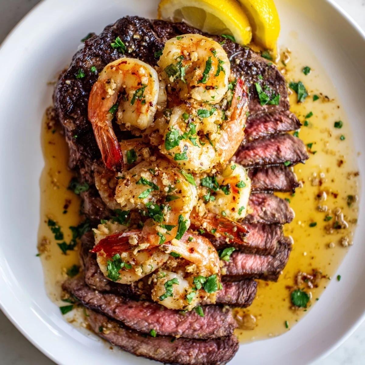 Pan-seared steak and garlic butter shrimp plated with fresh lemon wedges