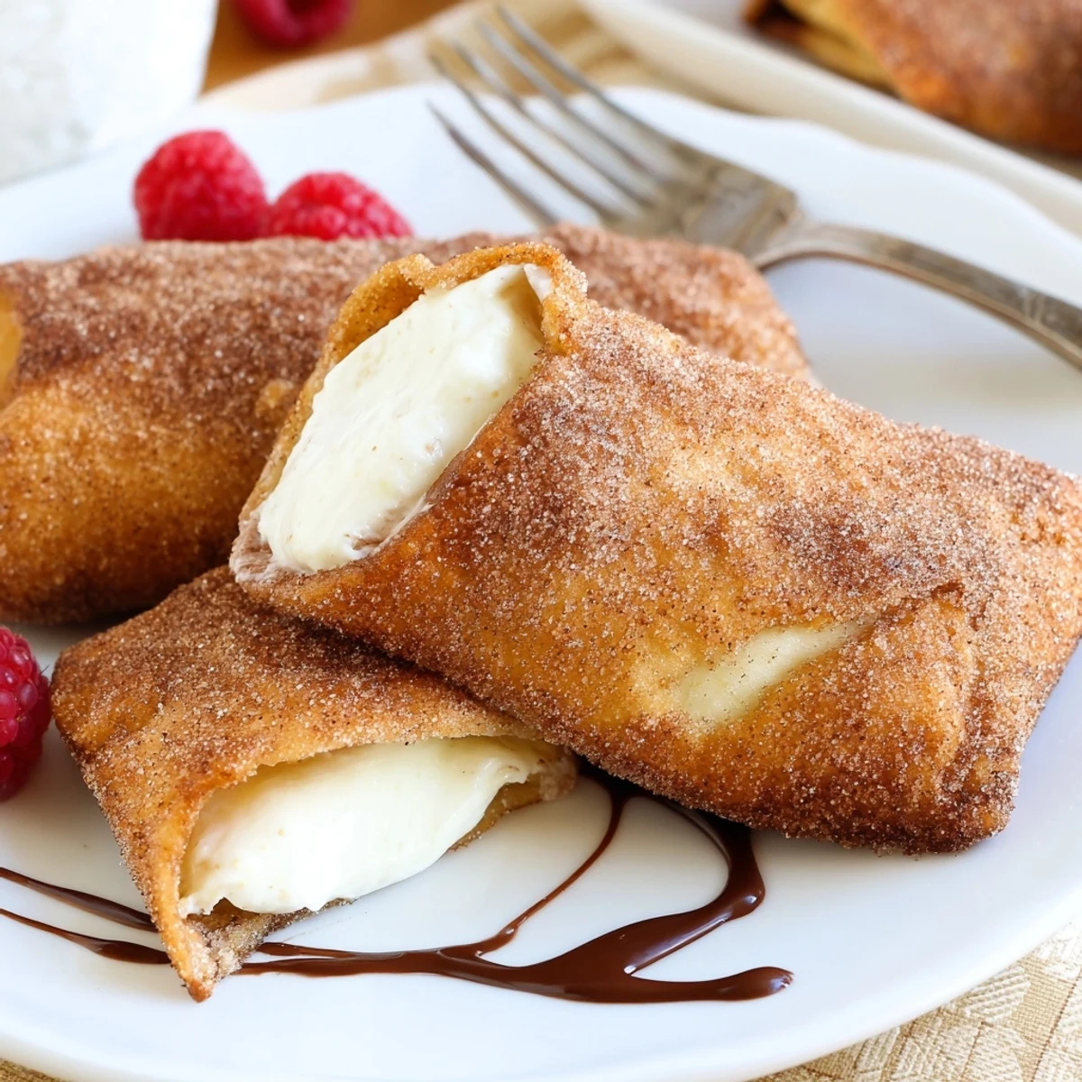 Golden crispy cheesecake chimichangas dusted with cinnamon sugar on a rustic plate