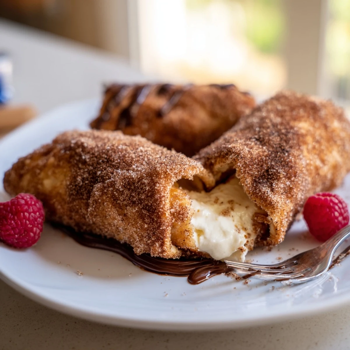 Crispy cheesecake chimichangas served with fresh berries and drizzled chocolate sauce