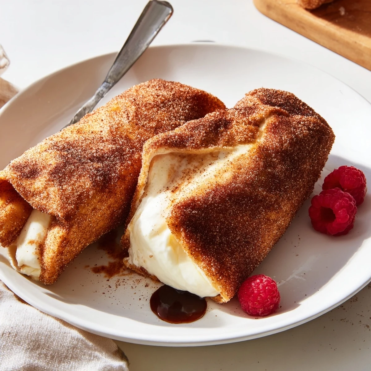 Creamy cheesecake chimichangas freshly fried and coated in warm cinnamon sugar