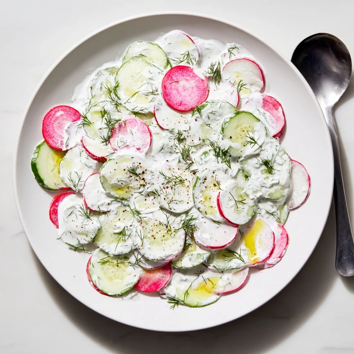 Cucumber radish yogurt dill salad in a white bowl with fresh herbs
