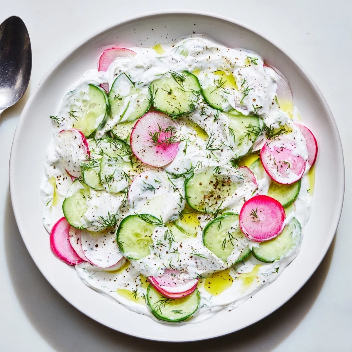 Creamy cucumber radish yogurt dill salad garnished with peppery pink radish slices