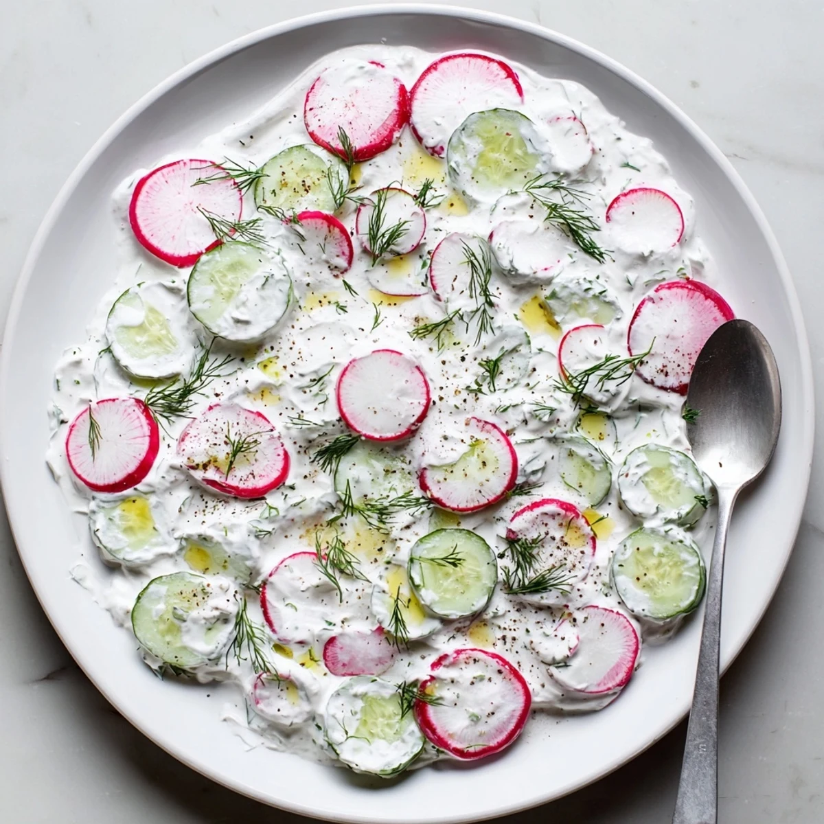 Cool cucumber radish yogurt dill side dish topped with a dill sprig