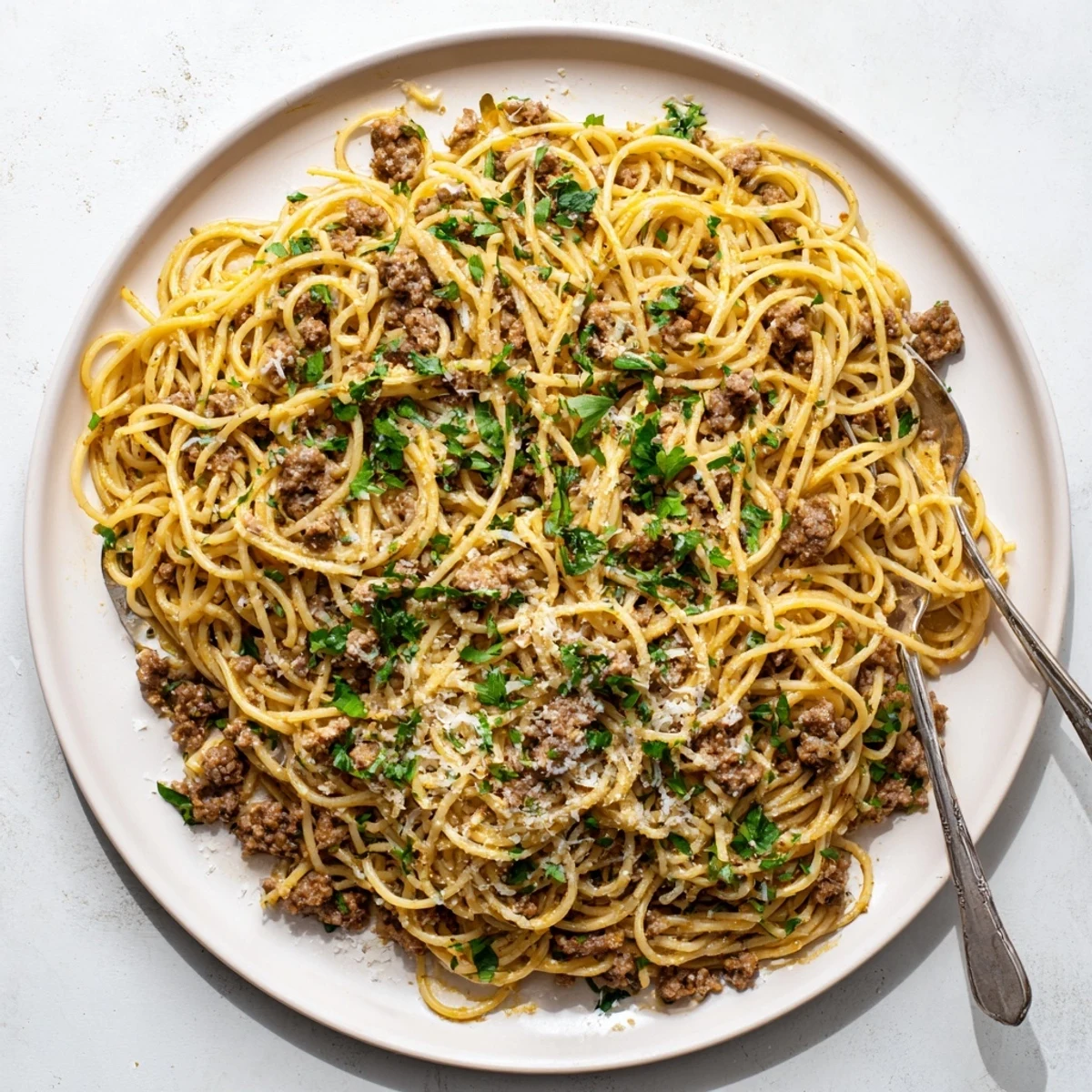 Garlic butter pasta with ground beef topped with Parmesan and fresh parsley
