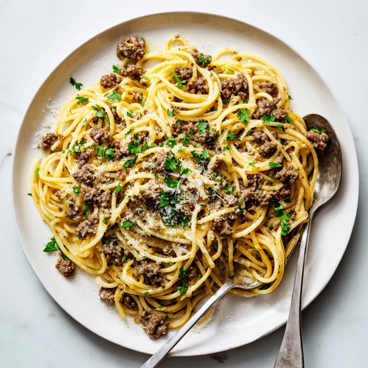 Creamy garlic butter pasta with ground beef served in a dark rustic bowl