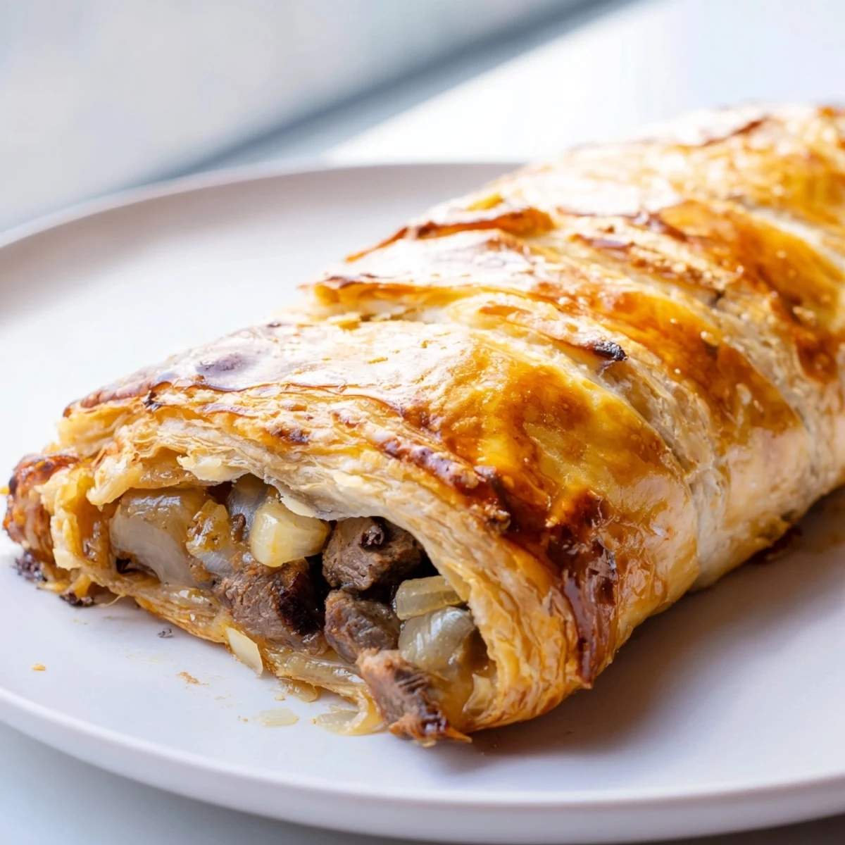 Close-up of Greggs inspired steak and cheese roll revealing tender beef and melted cheese filling
