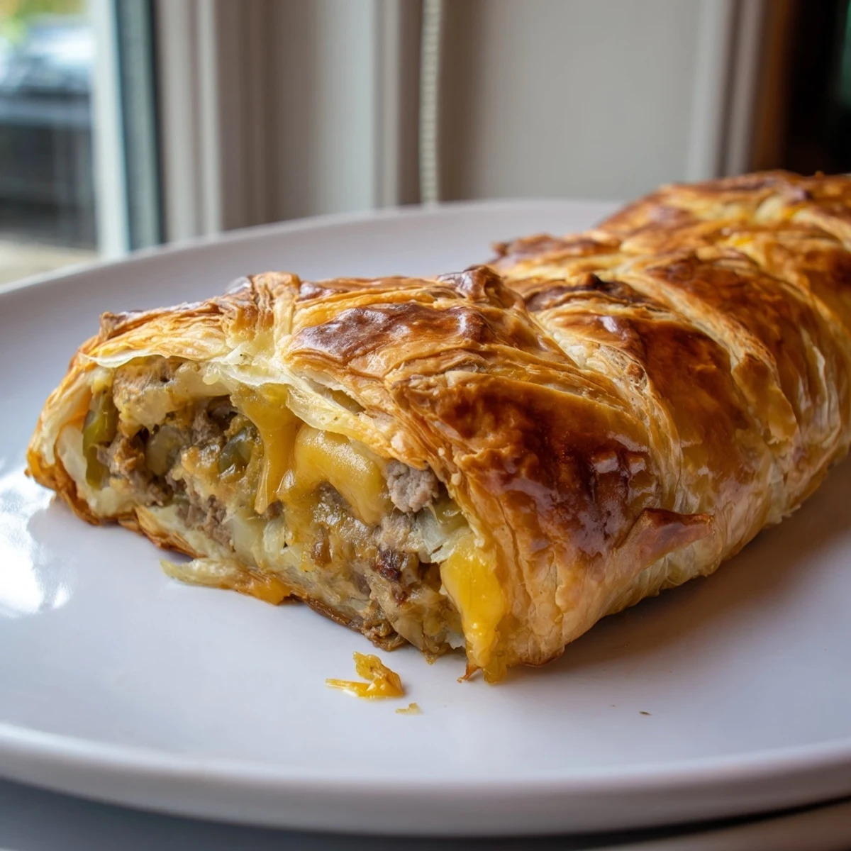 Golden Greggs inspired steak and cheese roll with melted cheddar oozing from flaky puff pastry