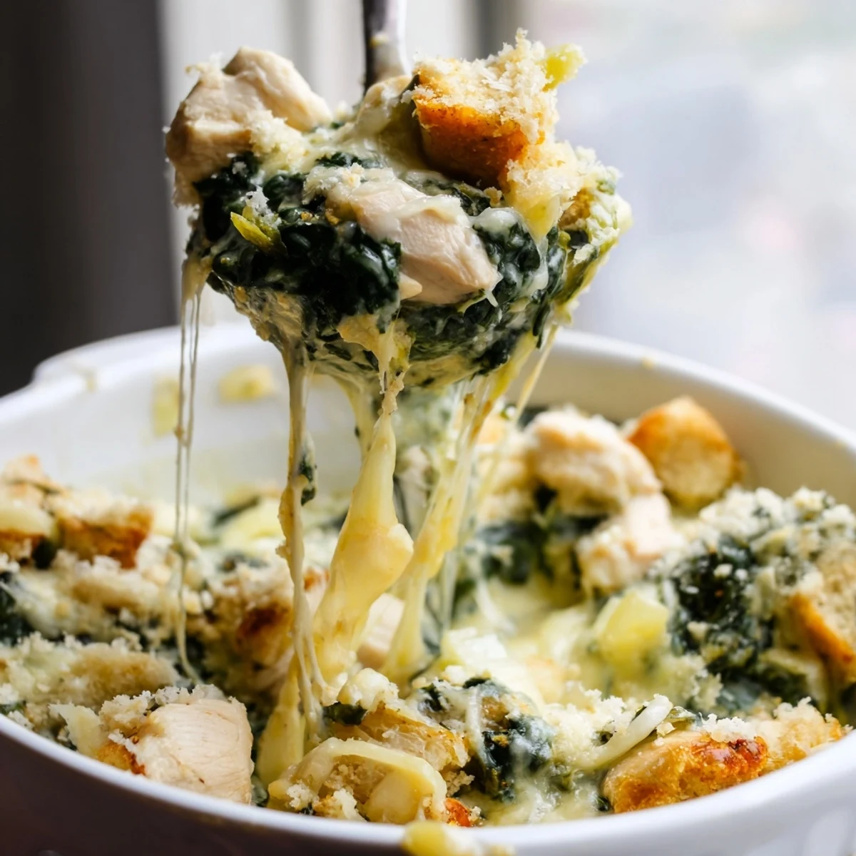 Creamy Chicken Spinach Casserole served in a rustic white baking dish
