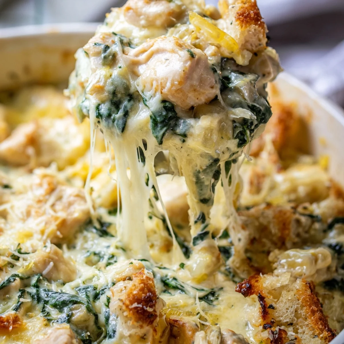 Creamy Chicken Spinach Casserole with bubbling golden cheese and tender chicken