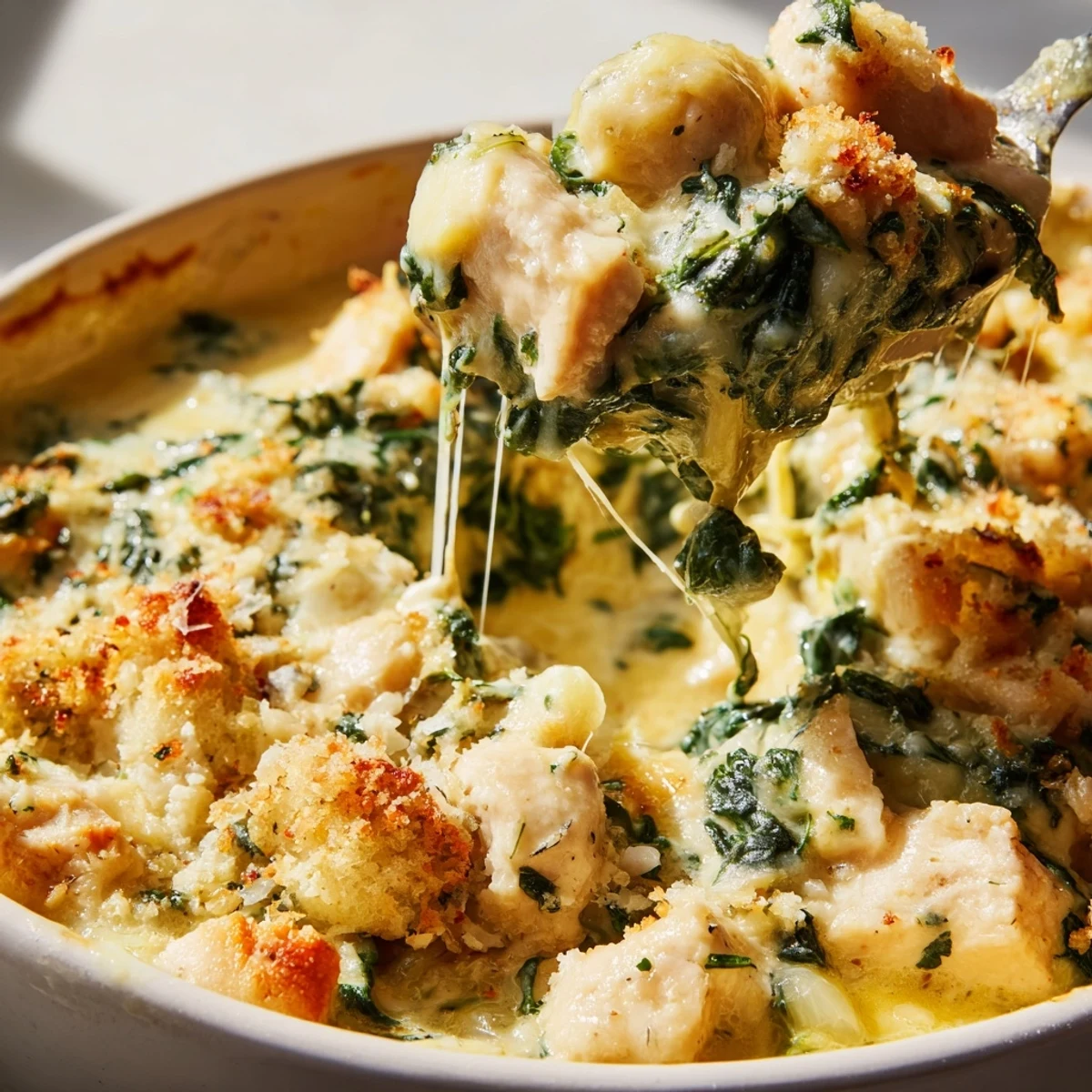 Creamy Chicken Spinach Casserole topped with crispy breadcrumbs and melted mozzarella