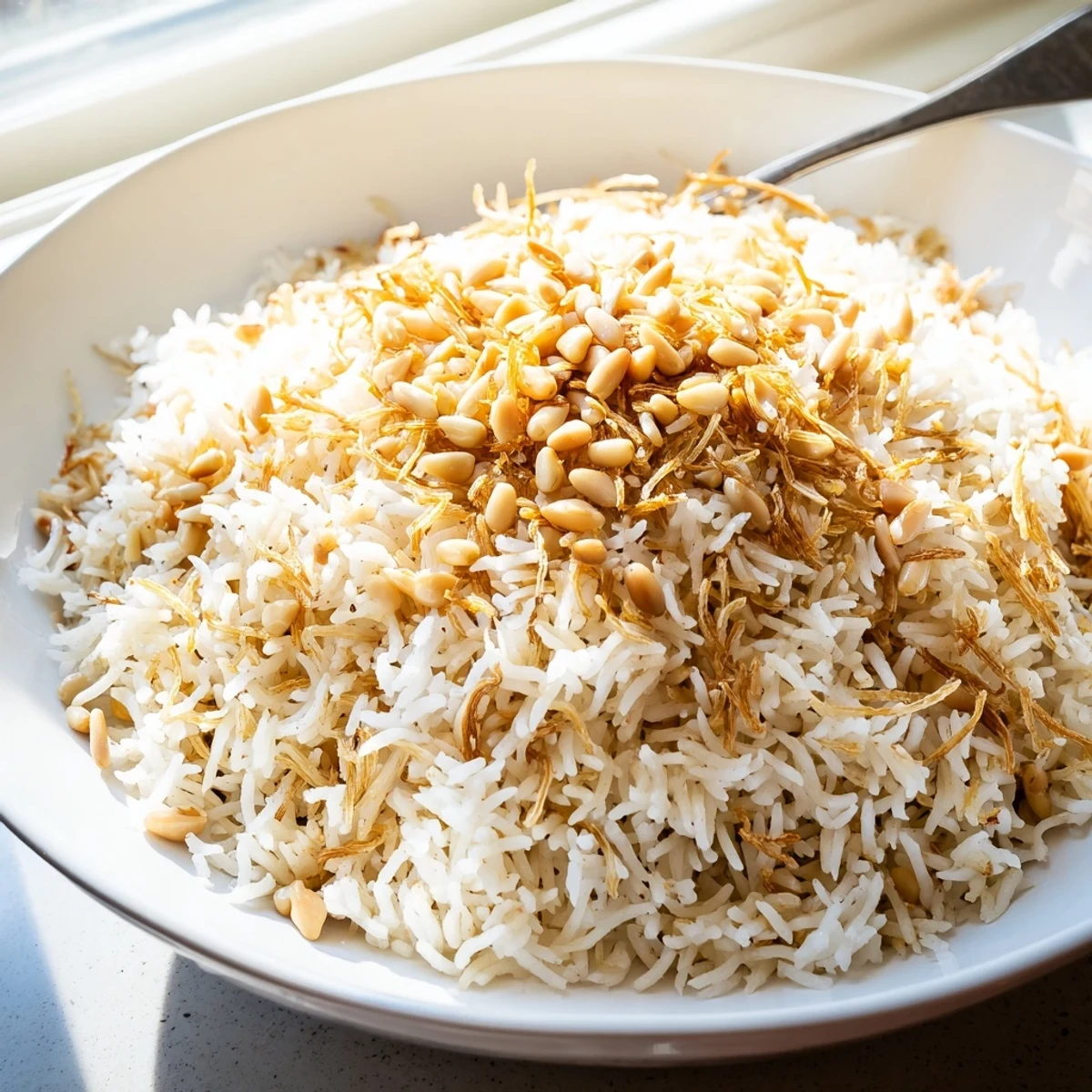 Fluffy Lebanese Rice with golden toasted vermicelli and pine nuts on a rustic plate