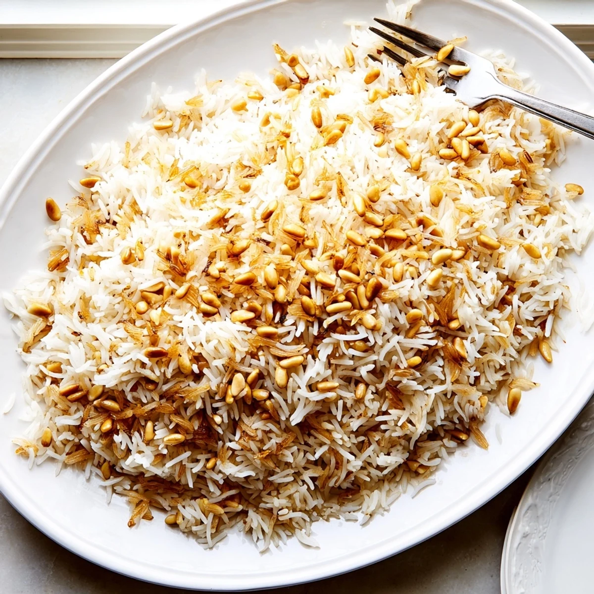 Close-up of Lebanese Rice showing each separate grain topped with crispy vermicelli pieces