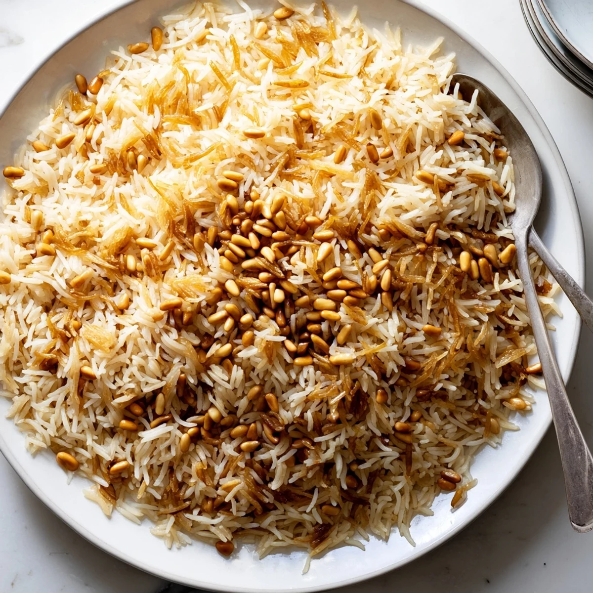 Steaming bowl of Lebanese Rice garnished with buttery pine nuts and fresh herbs
