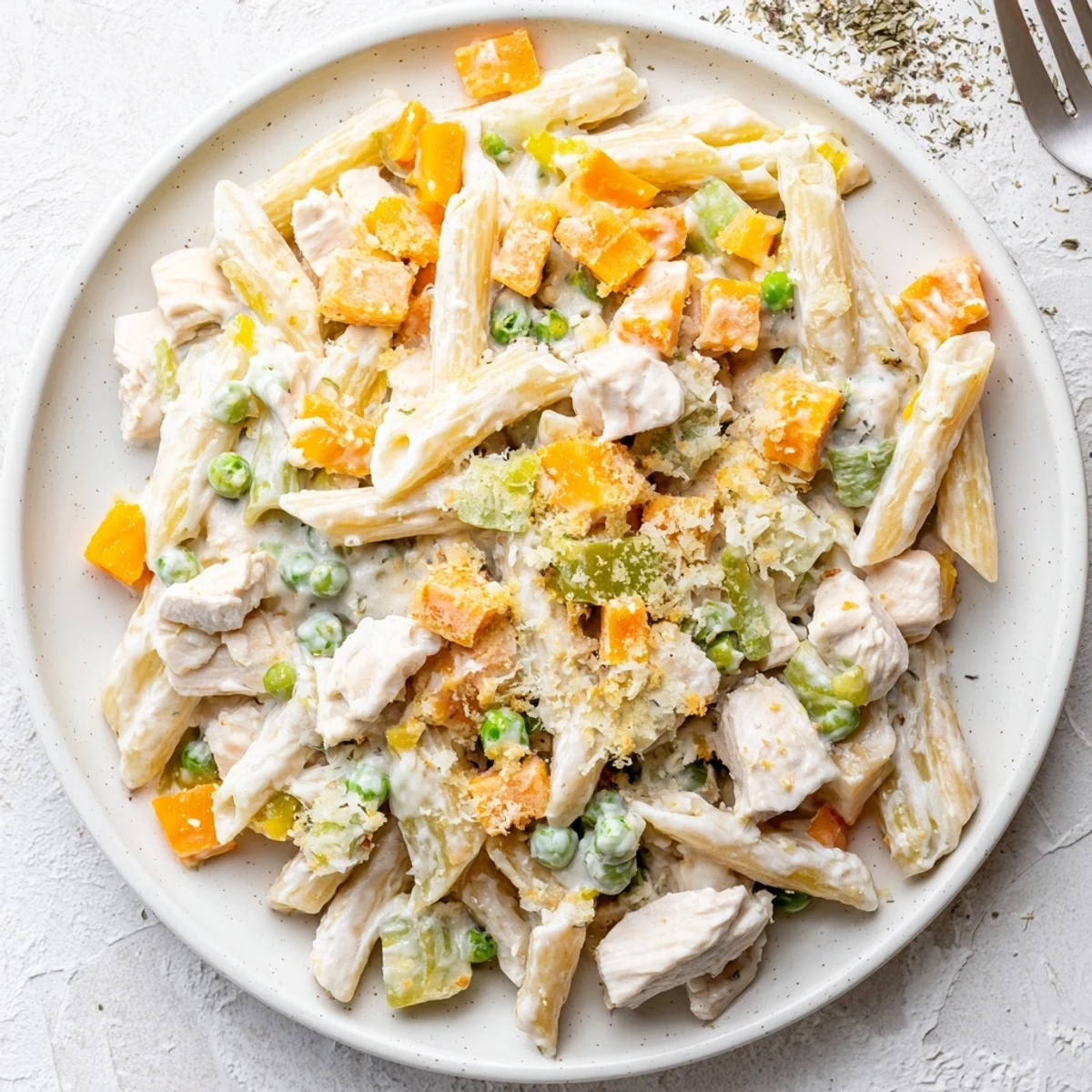 Creamy chicken pot pie pasta tossed with tender vegetables in a rich, golden sauce bubbling in a serving bowl