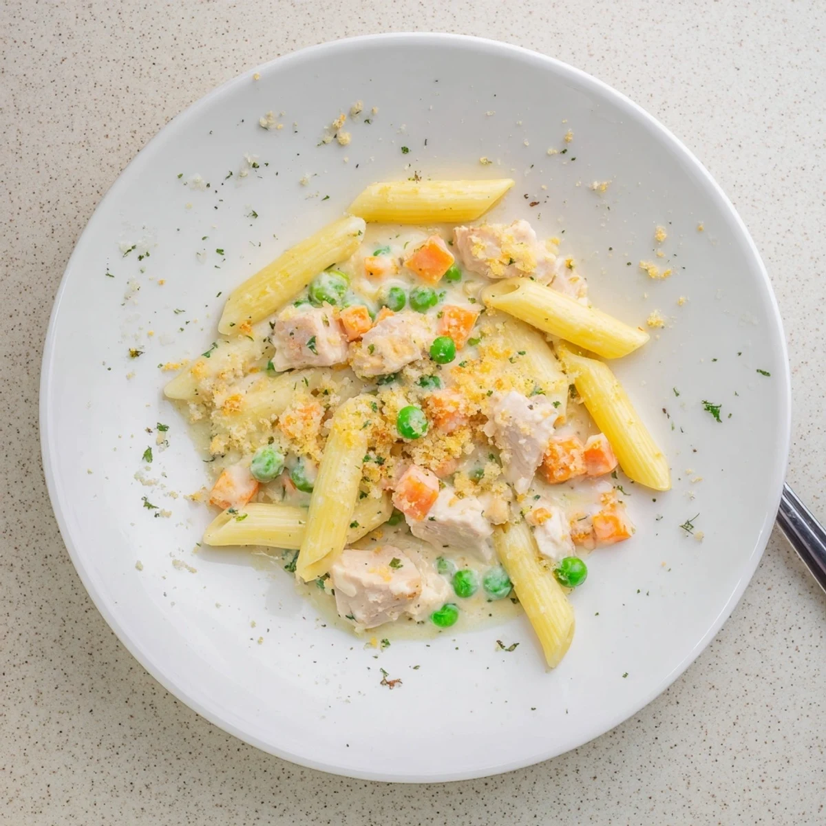 Golden cracker-topped pot pie pasta casserole featuring cubed chicken, carrots, and peas in a velvety cream sauce