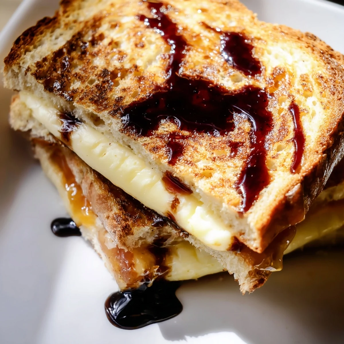 Golden sweet and savory Brie grilled cheese sandwich with melted Brie and apricot preserves drizzled with balsamic reduction on a white plate