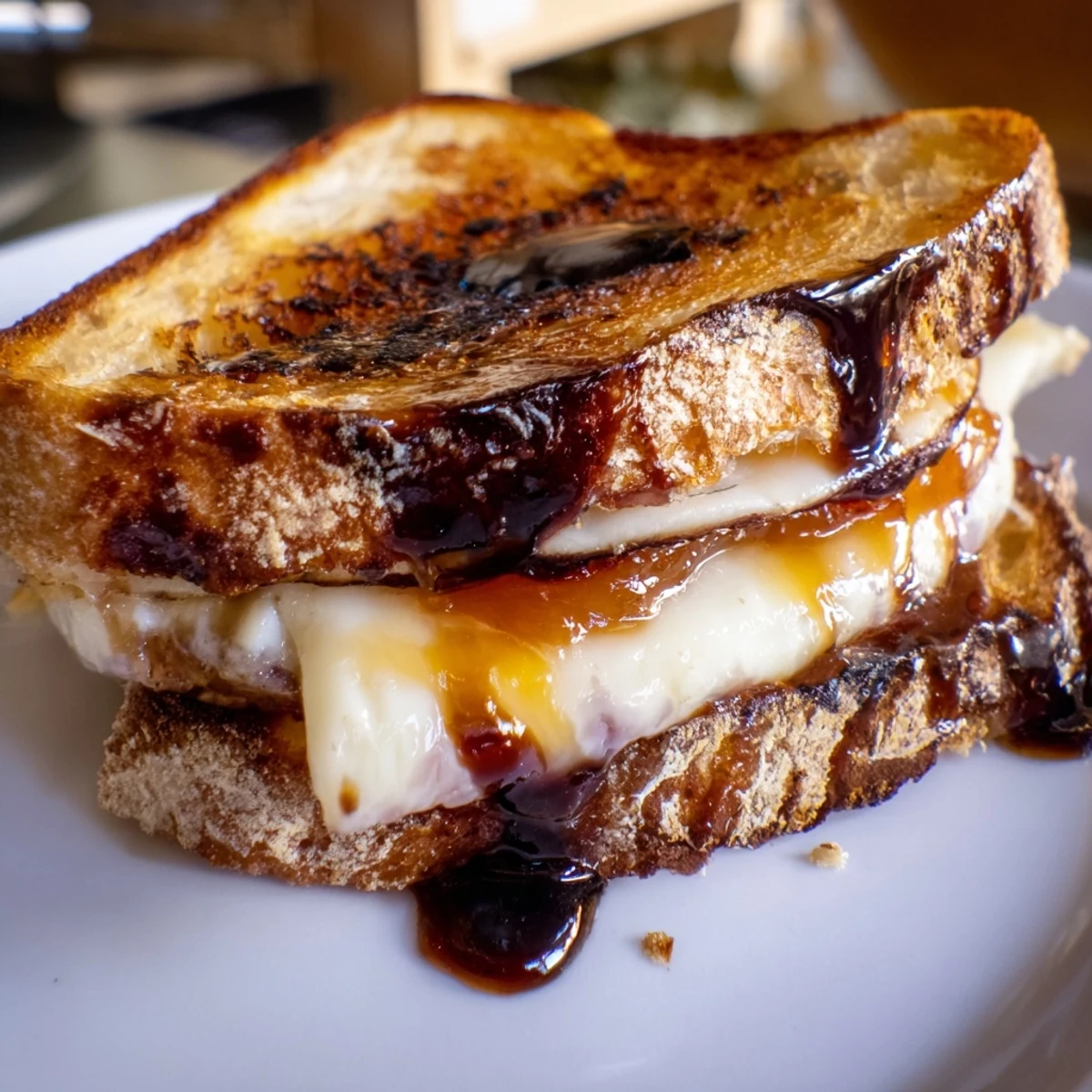 Gourmet Brie grilled cheese featuring creamy melted cheese and sweet apricot jam topped with dark balsamic honey glaze