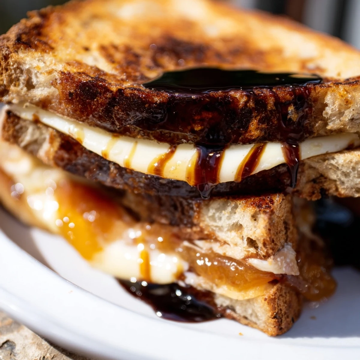 Sliced sourdough Brie grilled cheese with gooey melted cheese and apricot preserves finished with tangy balsamic drizzle