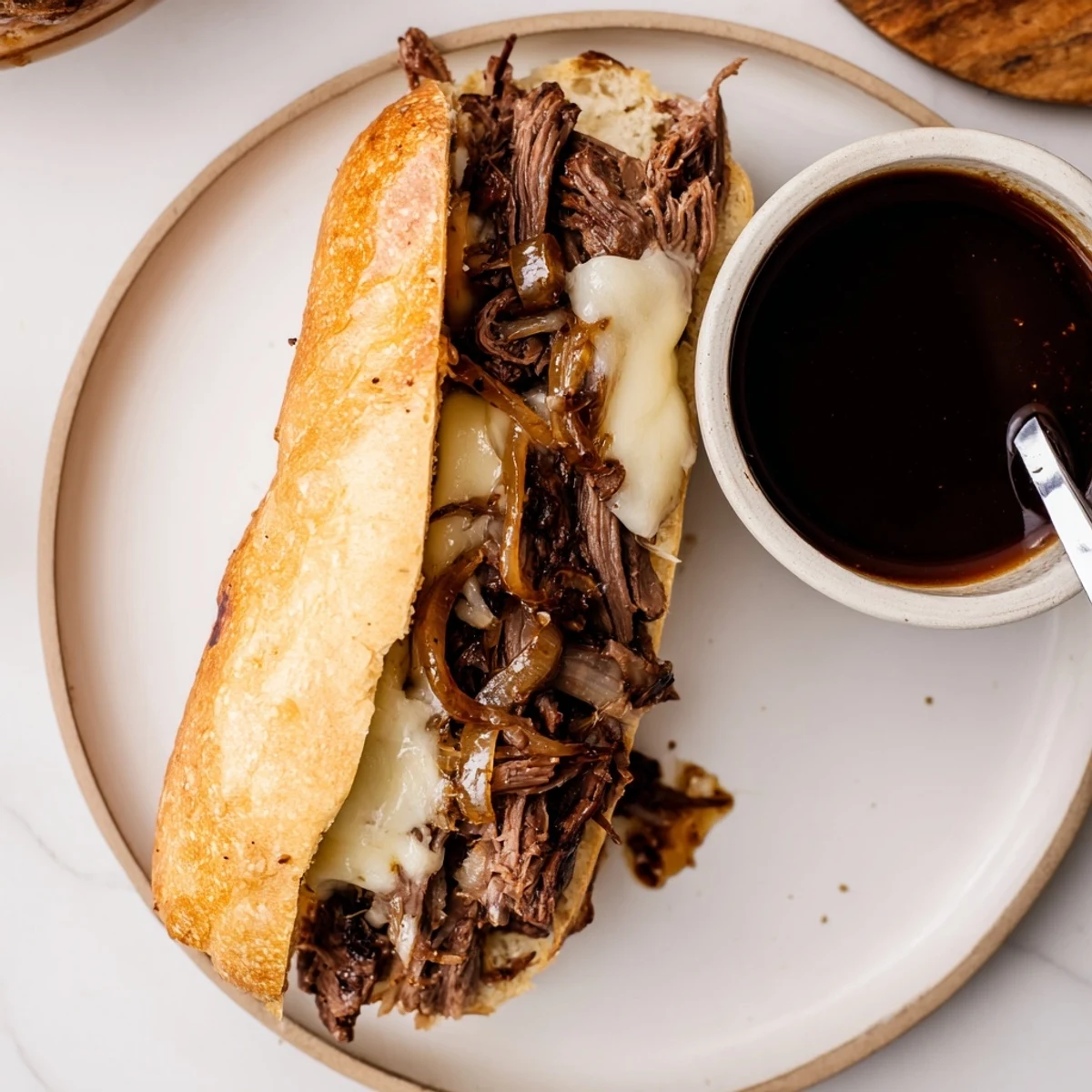 Slow cooker French Dip Sandwiches piled high with juicy beef alongside a steaming bowl of rich au jus