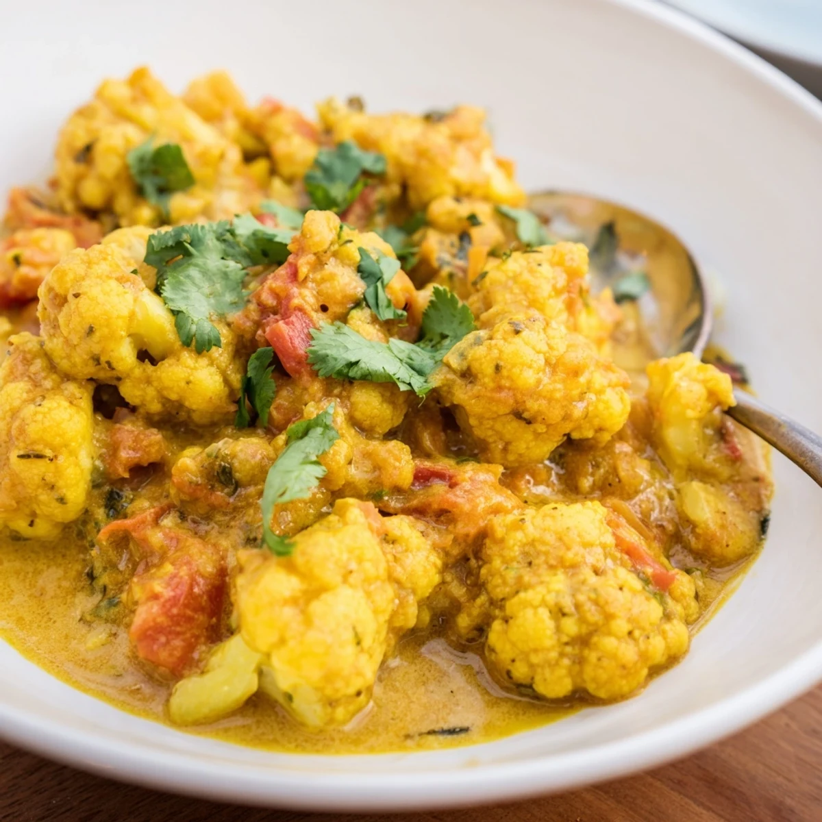 Golden cauliflower florets coated in creamy Greek yogurt curry served in a rustic bowl