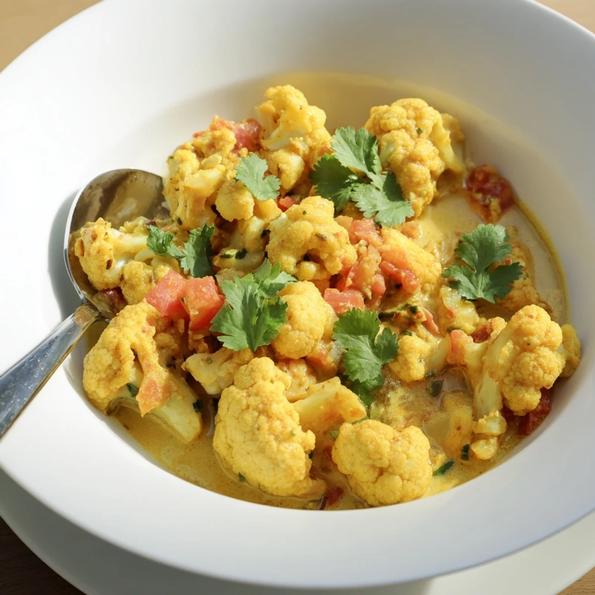 Steaming bowl of Greek yogurt cauliflower curry topped with fresh green cilantro leaves
