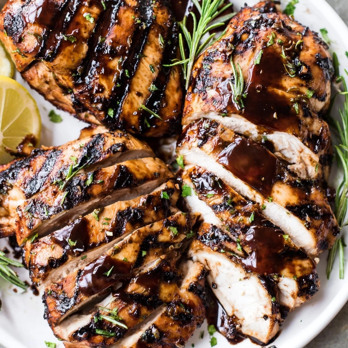 Juicy grilled Marinated Balsamic Chicken with caramelized edges and fresh rosemary garnish