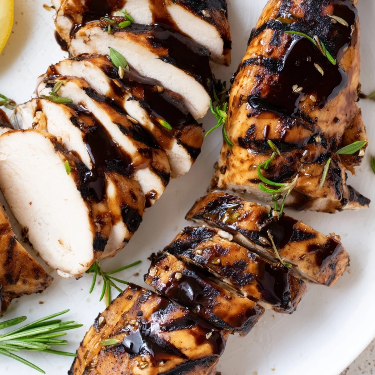 Golden grilled Marinated Balsamic Chicken drizzled with a rich balsamic garlic glaze