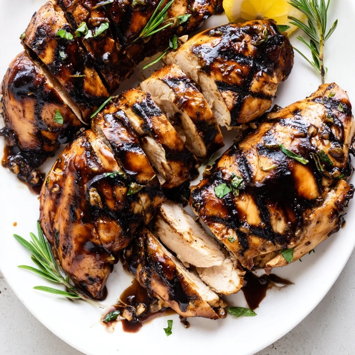 Tender Marinated Balsamic Chicken sliced on a platter with bright lemon wedges