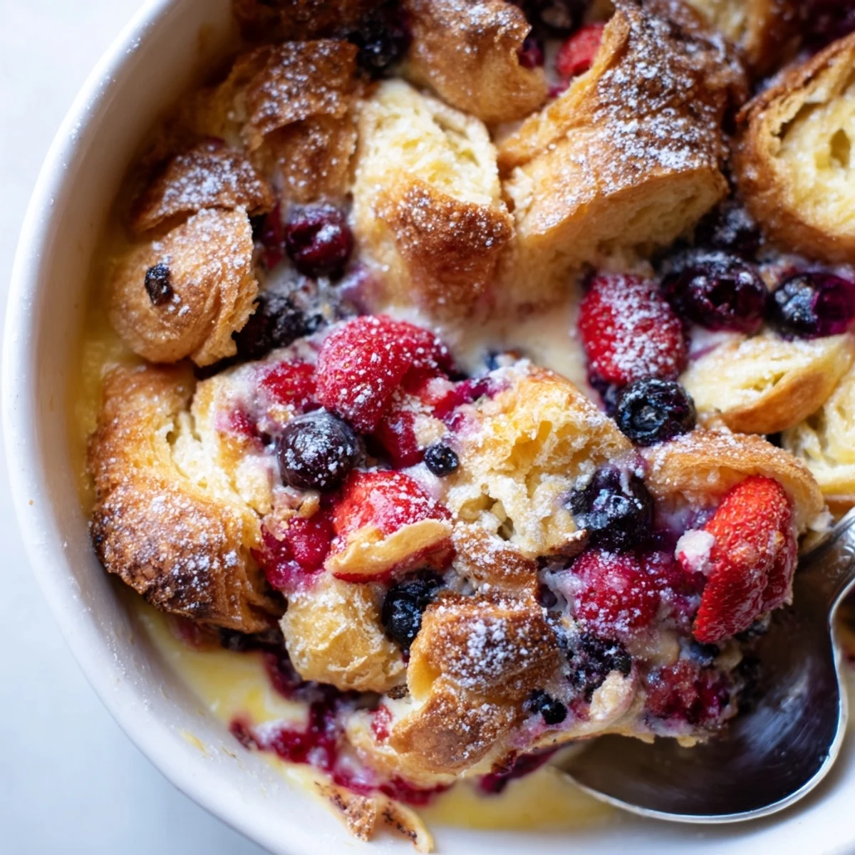 Golden berry croissant bake with juicy berries and creamy custard in a rustic dish