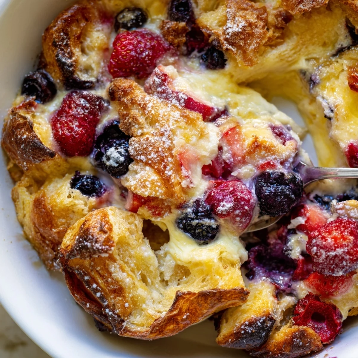 Warm berry croissant bake topped with powdered sugar and colorful mixed fresh berries