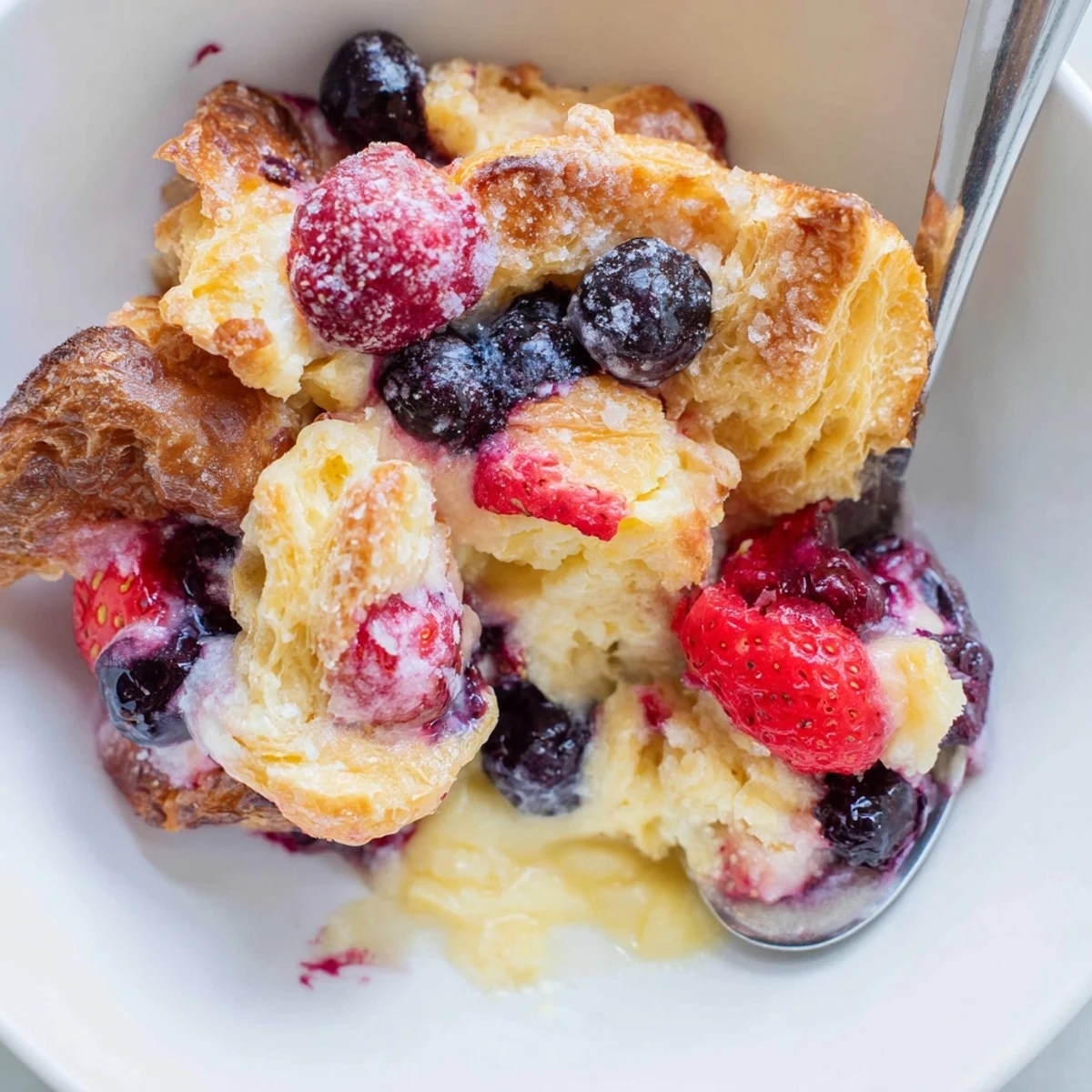 Berry croissant bake casserole with flaky golden croissant pieces and bubbling berry custard